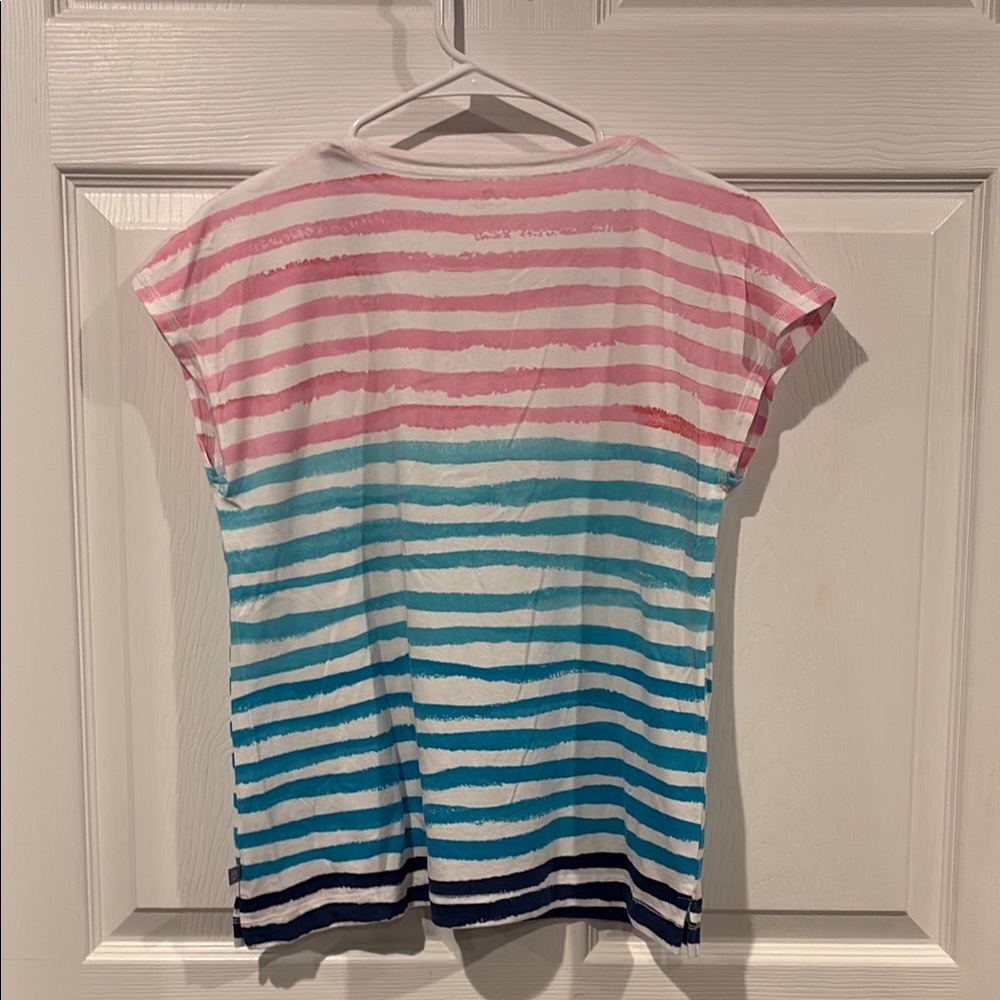 Talbots Pink Aqua Navy Striped Short Sleeve Scoop Tee - Picture 3 of 6